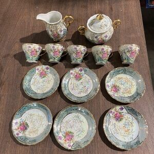 Vintage Sterling China Japan Porcelain Iridescent Lusterware Gold/Floral Tea Set